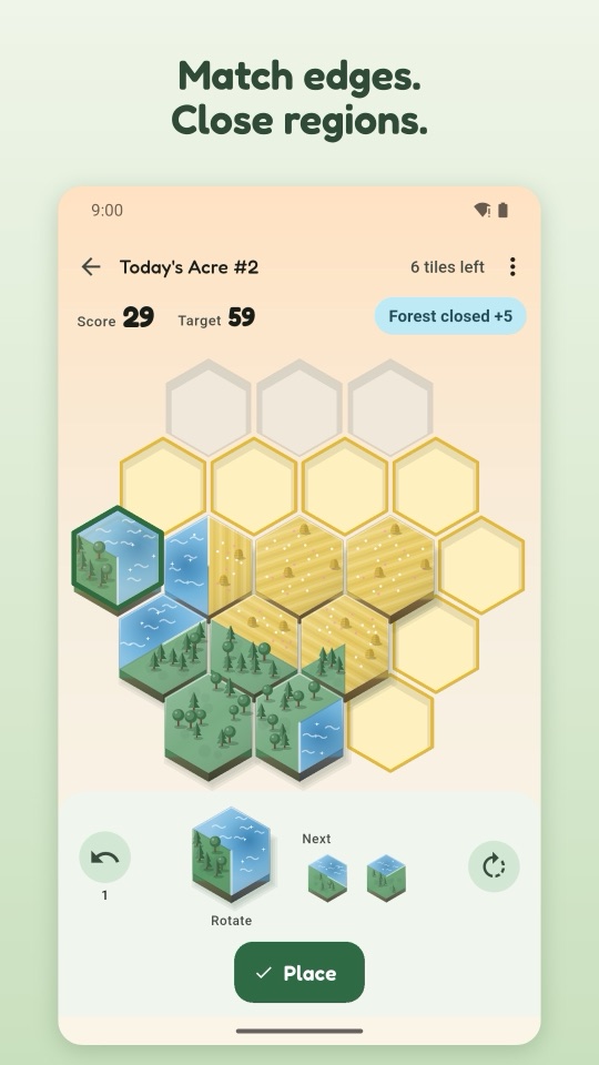 Little 3D hex tiles with trees, fields and water, a tile hovering over a glowing cell