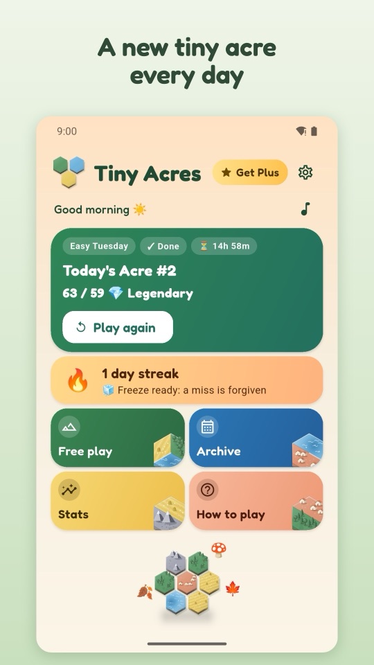 Colourful home screen with today's acre done and a streak